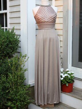 Calvin Klein Taupe High Beaded Neck Pleated Halter Top Knit Formal Maxi Dress 2